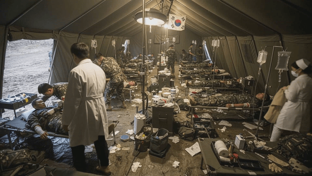 Military medical tent with soldiers receiving care