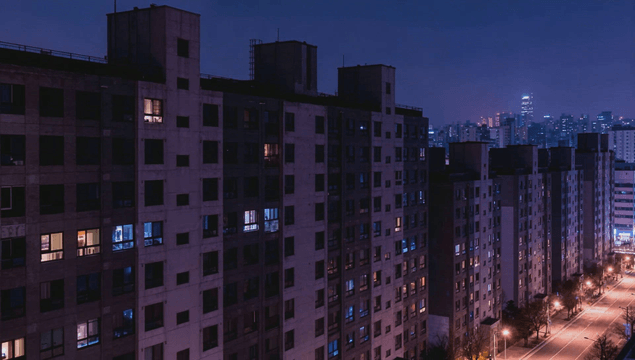 Night view of city apartments and streets