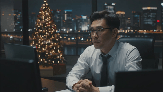 Man working late in an office at Christmas night