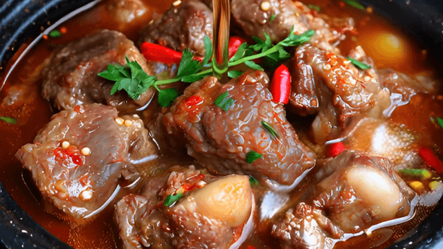 Meat soup dish with broth being poured