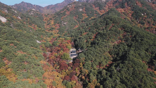 High peak with autumn foliage and a small temple
