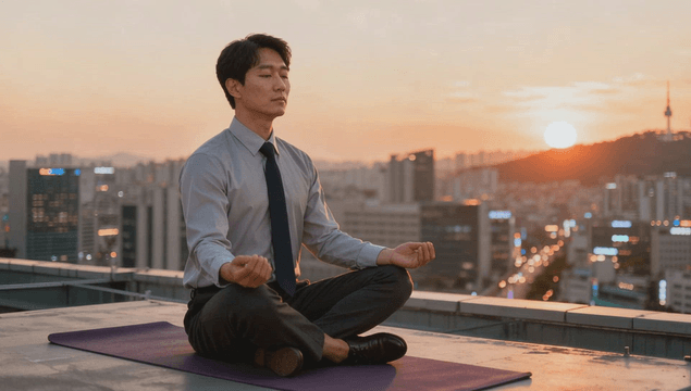 Office worker meditating on a rooftop at sunset