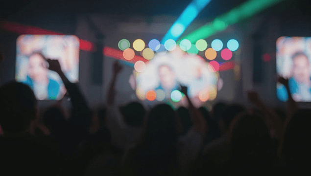 Concert with colorful light sticks, tickets, and cheering crowd