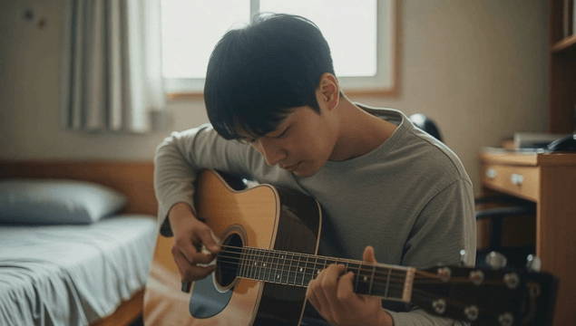 Young man playing guitar in room