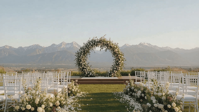 Outdoor wedding venue with mountains in the background