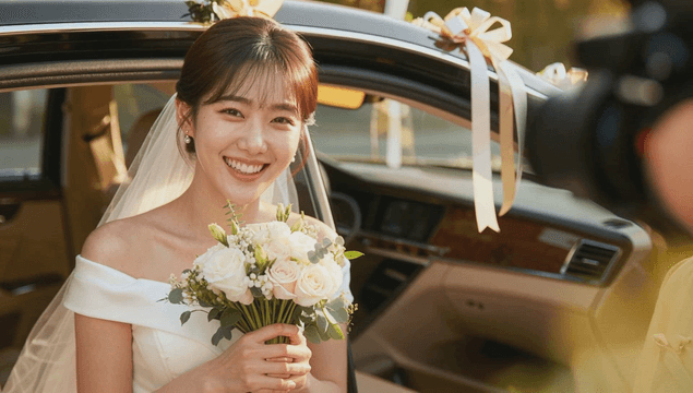 Bride smiling with a bouquet beside a wedding car