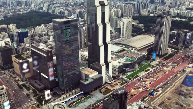 A bustling city with skyscrapers and roads