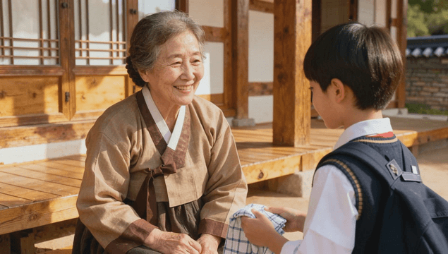 Grandmother in hanbok handing fabric to her grandson