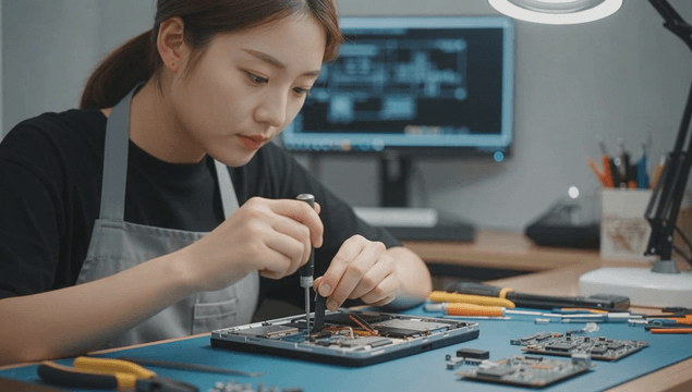 Female technician repairing electronic device