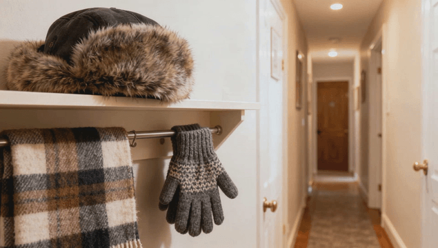 Hallway with winter gear arranged on a shelf
