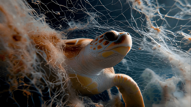 Sea turtle entangled in ocean net