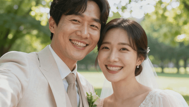 Happy newlyweds marrying in park