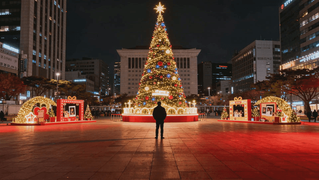 도시 광장의 큰 크리스마스 트리
