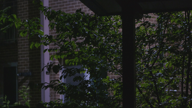 Raindrops falling on pavilion with trees and buildings at night