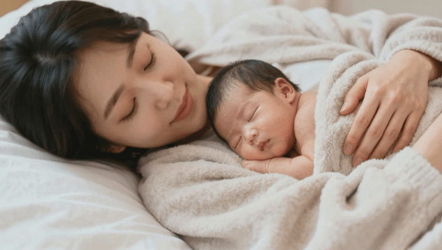 Mother lying down with a sleeping baby on her belly