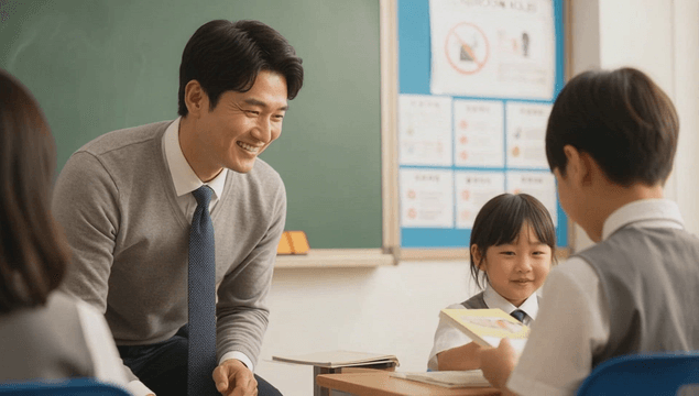교복 입은 초등학생들을 칭찬하는 선생님
