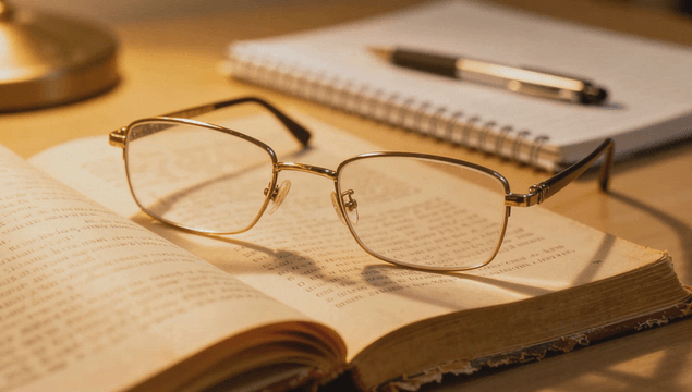 Open book with glasses and notes