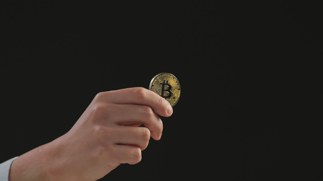 Hand holding a Bitcoin coin