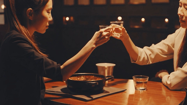 Two women clinking soju glasses at a bar