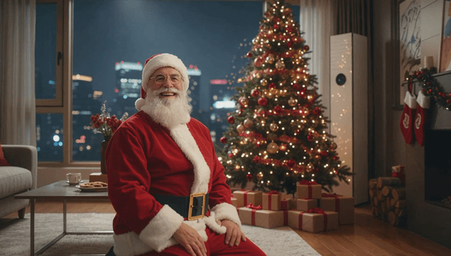 벽난로 옆에서 선물을 준비하는 산타