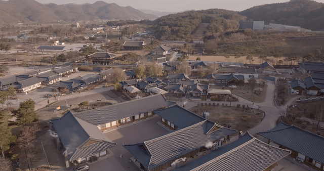 Traditional Korean village with mountains
