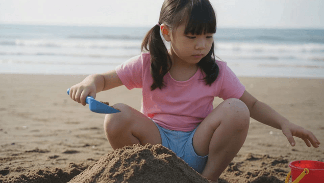 Girl playing with sand on beach