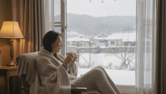 Woman relaxing with a warm drink on an armchair by a snowy window
