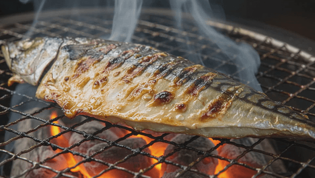 Grilled mackerel on a charcoal grill