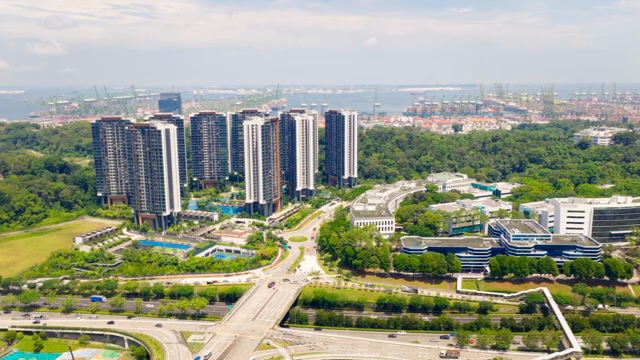 Modern cityscape with busy streets