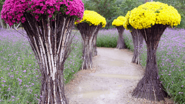 Colorful floral sculptures lining a summer garden path