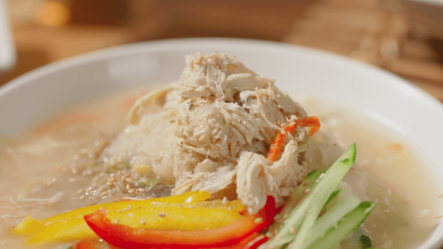 Cold chicken noodles with vegetables in Korean style