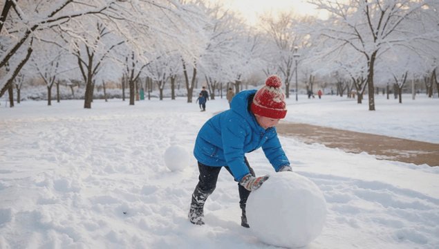 Child rolling snow in a snowy park