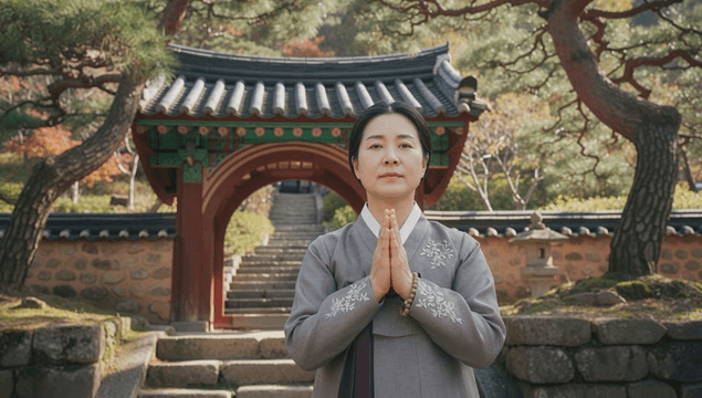 Middle-aged woman praying in a mountain temple wearing traditional hanbok