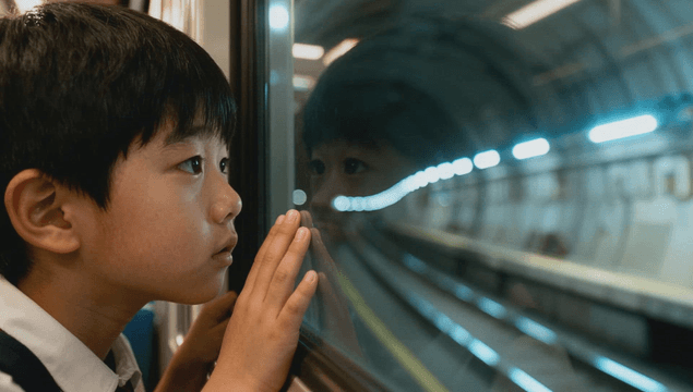 Boy looking out a subway window