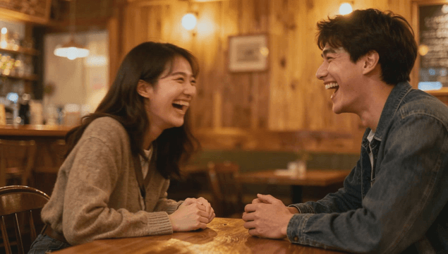 Couple laughing together in a cozy cafe