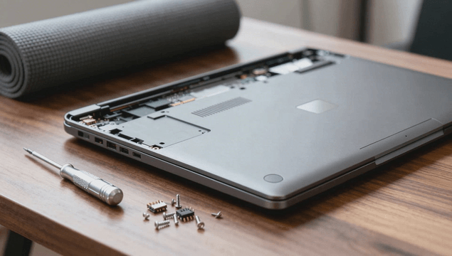 Laptop disassembly with tools on a table