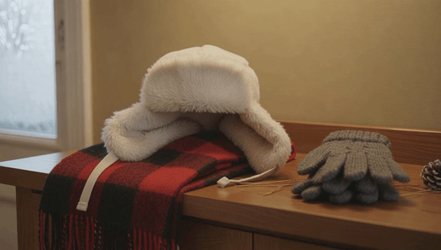 Winter gear on wooden table