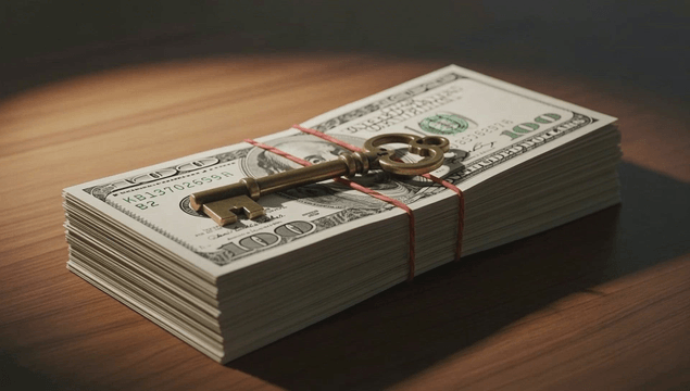 Stack of dollar bills tied with a rubber band and a key on top