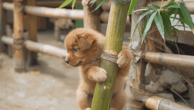 A cute puppy hugging a bamboo stalk