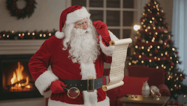 벽난로 옆에서 선물 목록을 읽는 산타