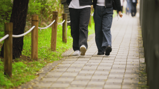 Couple walking along an autumn park path