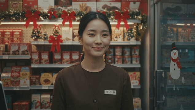 크리스마스 장식된 가게에 서 있는 미소 짓는 점원