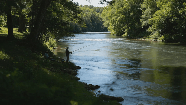 People fishing by a shaded quiet riverside