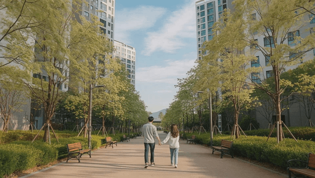 Couple walking through tree-lined apartment park