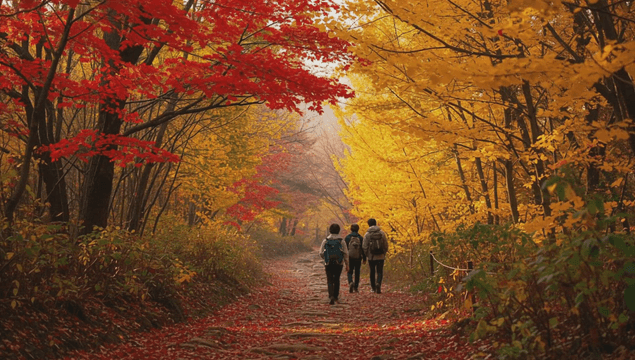 People walking through a colorful autumn forest