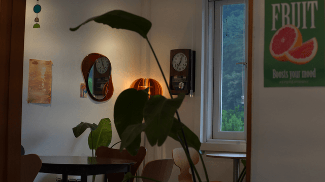 Cozy cafe with large plant pots and wooden chairs