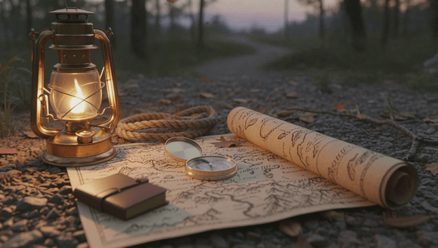 어두운 숲길 위의 랜턴과 나침반 그리고 지도