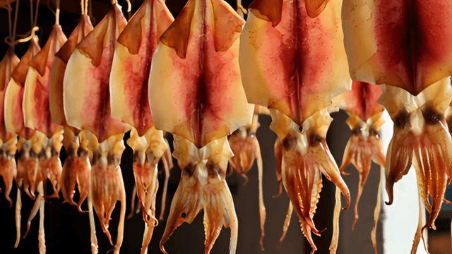 Dried squids hanging in a row