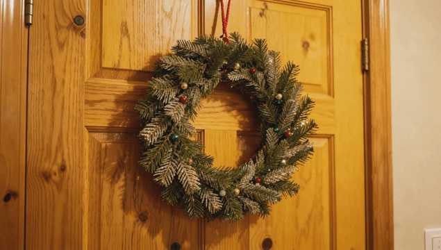 나무 문에 걸린 크리스마스 화환