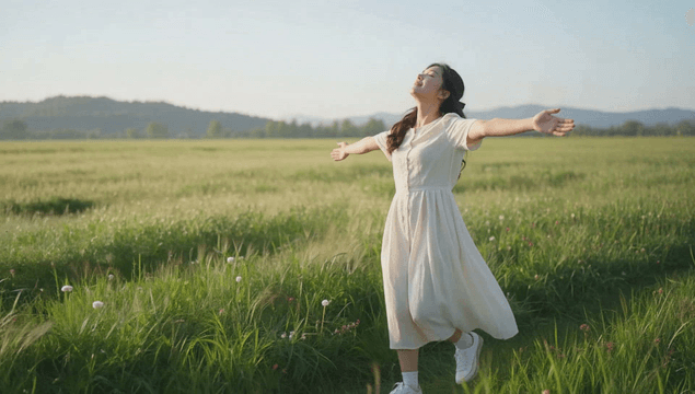 A woman enjoying a walk in a sunny field